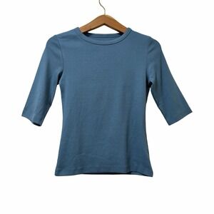 Paper Label Womens Ribbed Crew Neck 3/4 Sleeve Fitted Top Size M Blue Minimalist